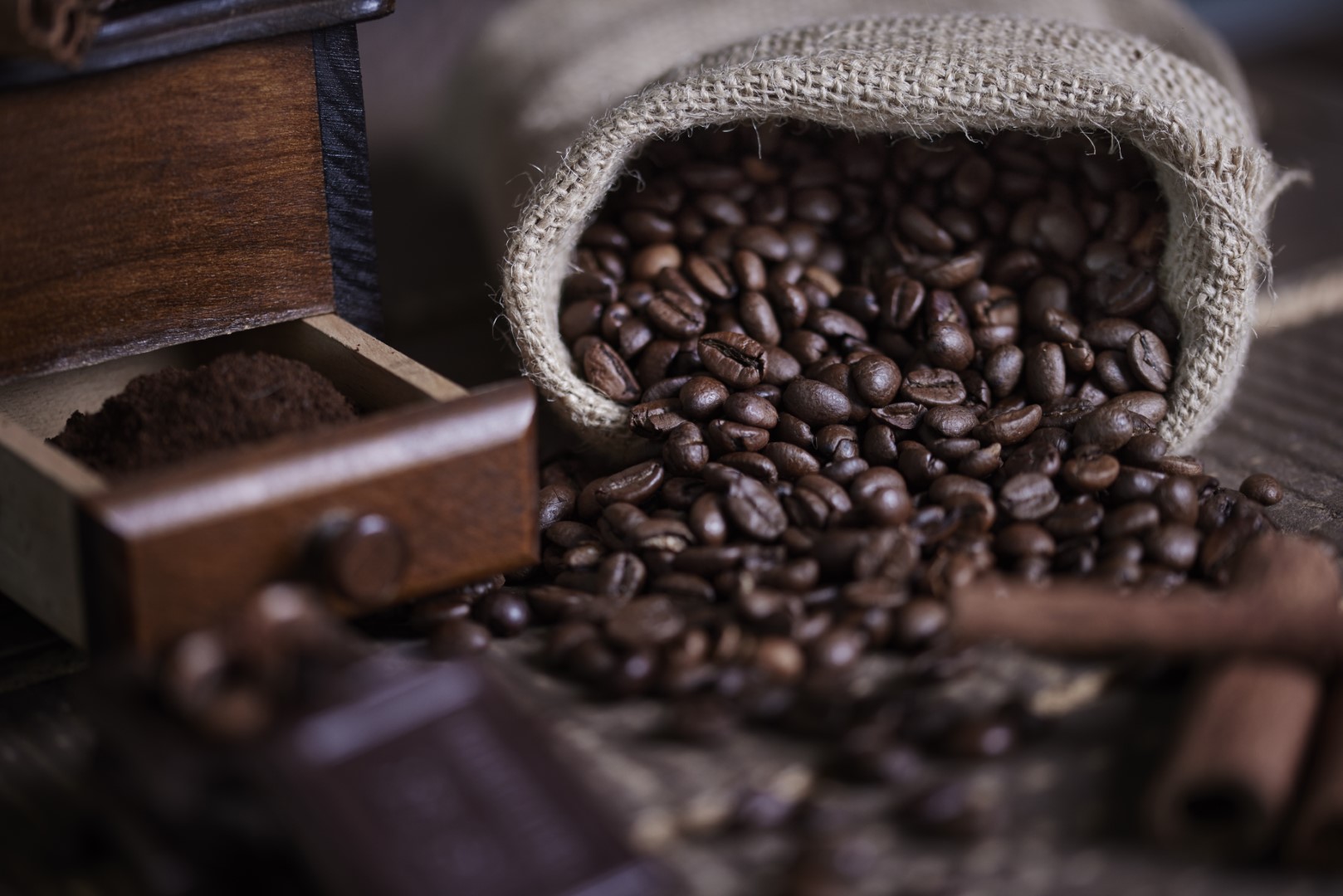 Sack of coffee bean and coffee mill