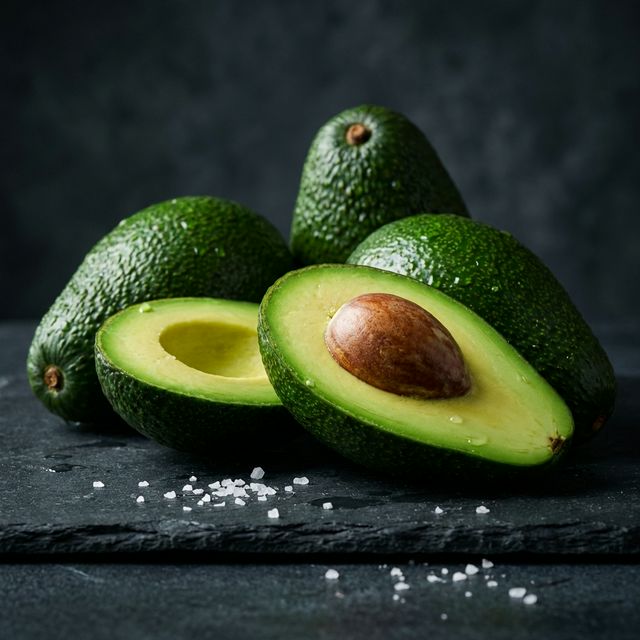 Aguacates frescos, uno cortado mostrando su pulpa verde vibrante