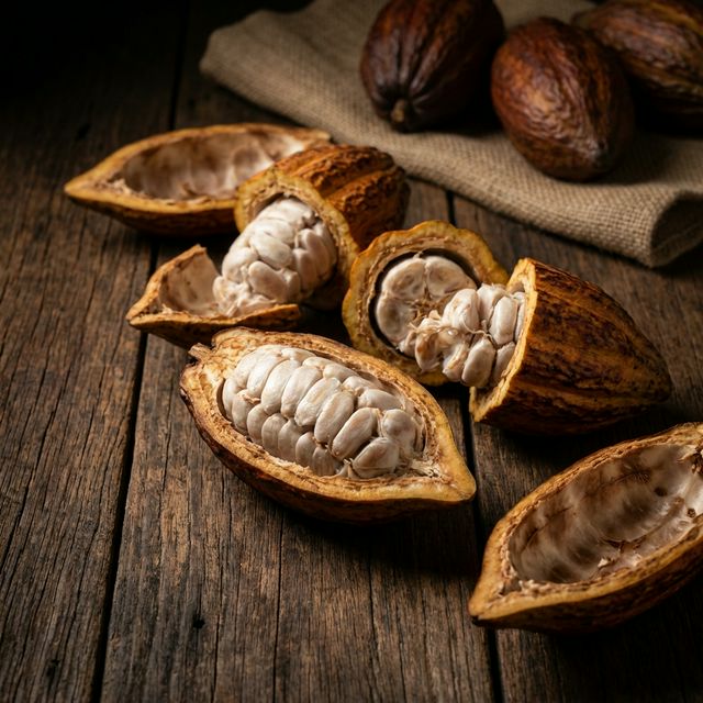 Vainas de cacao abiertas mostrando los granos frescos