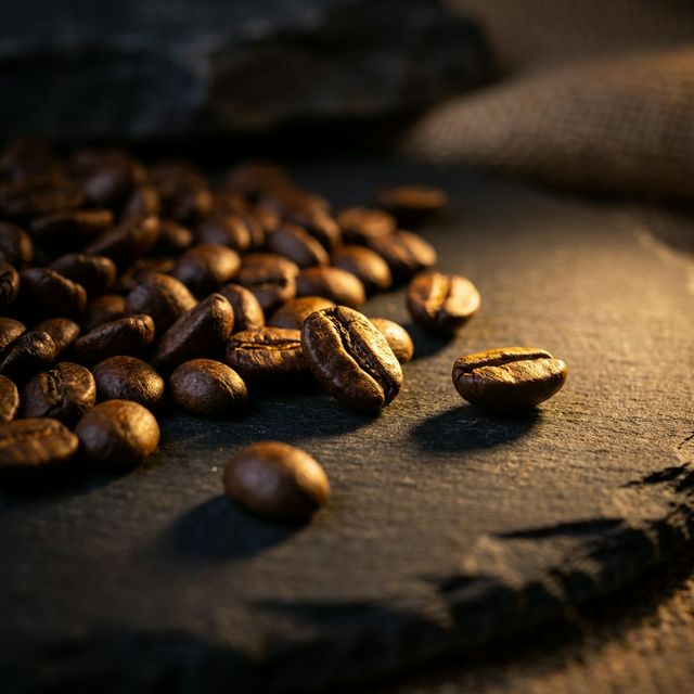 Granos de café premium tostados sobre superficie oscura